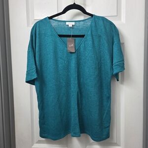 J.Jill Love Linen V-Neck Short Sleeve M Petite Top Teal Resortwear Casual NWT